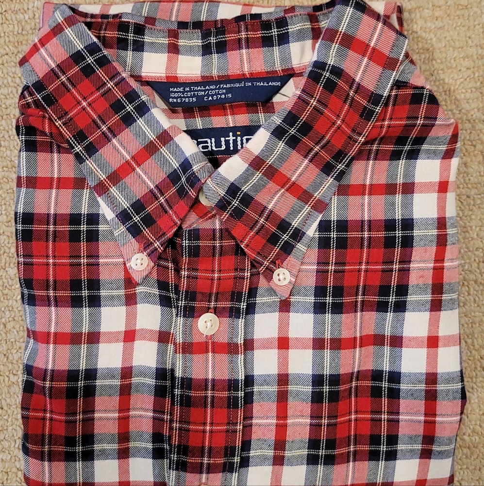 Nautica XXL EUC Red, Cream and Black Plaid Button Down Shirt
